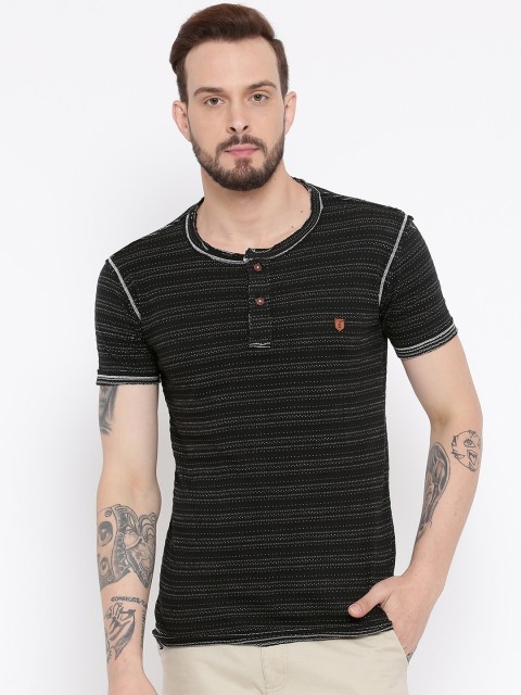 

Duke Men Black Striped Henley Neck T-shirt