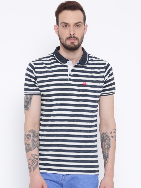 

Duke Men Off-White & Blue Striped Polo Collar T-shirt