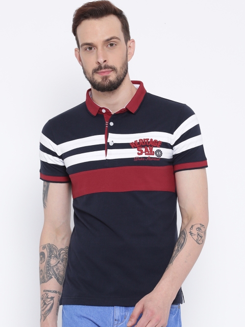 

Duke Men Navy Blue & White Striped Polo Collar T-shirt