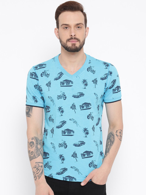 

Duke Men Blue Printed V-Neck T-shirt