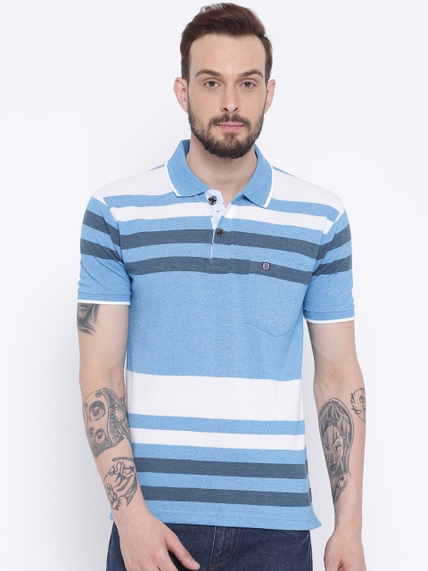 

Duke Men Blue & White Striped Polo Collar T-shirt