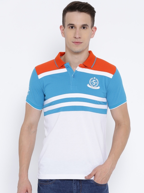 

Duke Men White & Blue Striped Polo Collar T-shirt