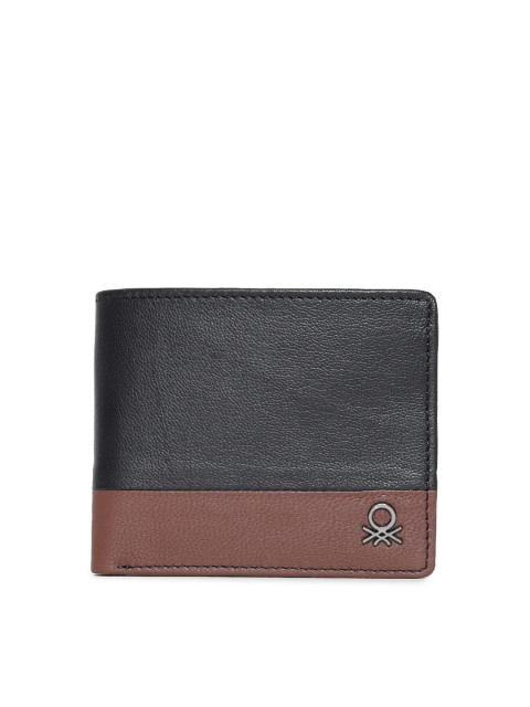 United Colors of Benetton Men Black & Brown Leather Two Fold Wallet