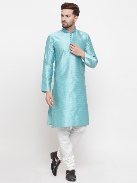

Jompers Men Turquoise Blue & White Self Design Kurta with Churidar