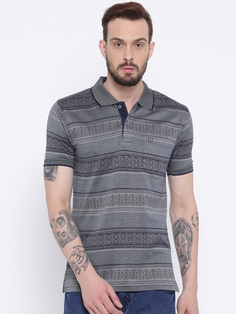 

Duke Men Grey Striped Polo Collar T-shirt