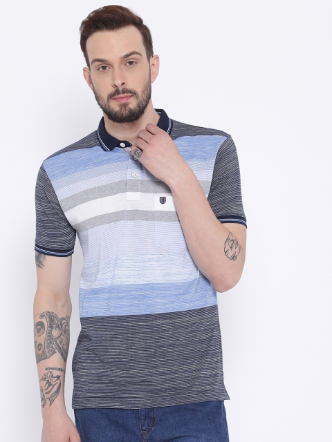 

Duke Men Grey & Blue Striped Polo Collar T-shirt