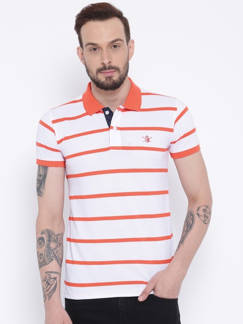 

Duke Men White & Orange Striped Polo Collar T-shirt