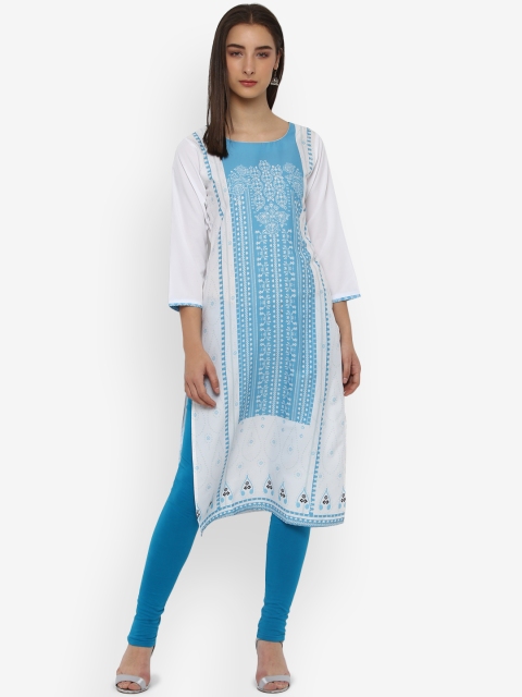 

Vaamsi Women White & Blue Printed Straight Kurta