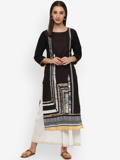 

Vaamsi Women Black Printed Straight Kurta