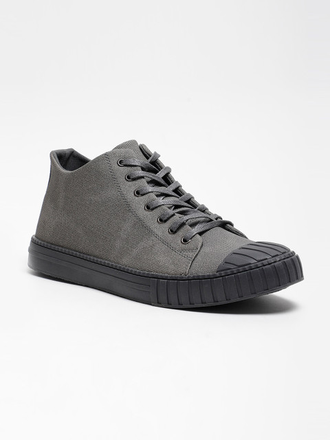 

LOCOMOTIVE Men Charcoal Solid Leather Mid-Top Sneakers