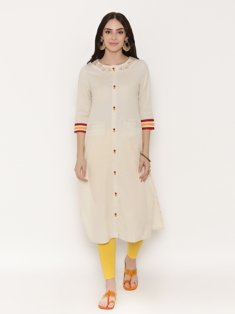 

Laabha Women Off-White Embroidered Straight Kurta
