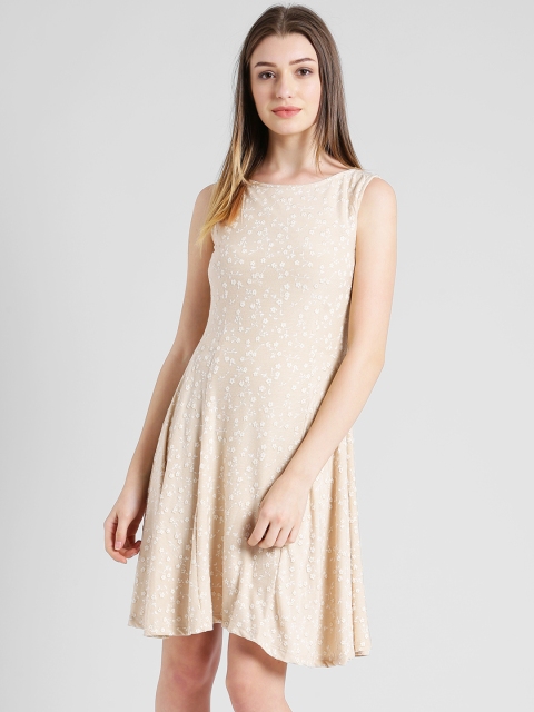 

Zink London Women Beige Self Design Fit and Flare Dress