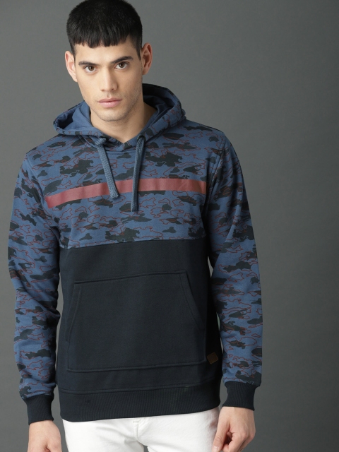 

Roadster Men Navy Blue Printed Hooded Sweatshirt