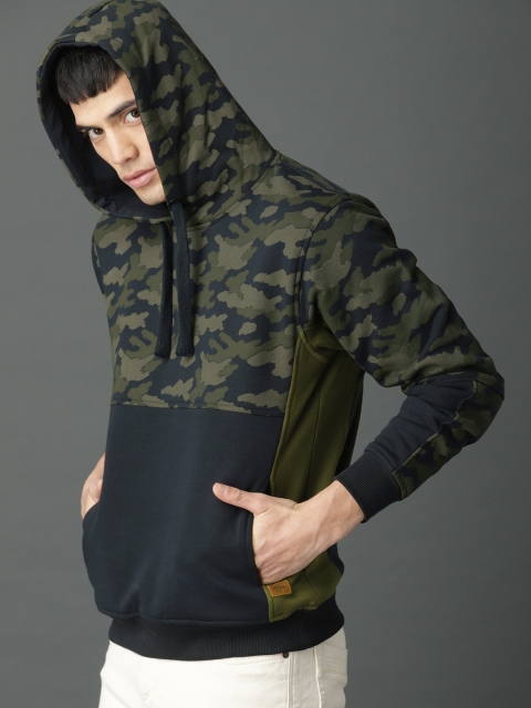 

Roadster Men Navy Blue & Green Camouflage Hooded Sweatshirt
