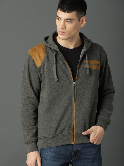 

Roadster Men Grey Solid Hooded Sweatshirt