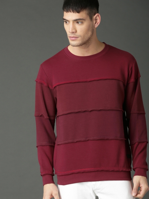 

Roadster Men Maroon Striped Sweatshirt