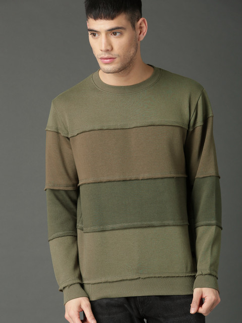 

Roadster Men Olive Green Striped Sweatshirt