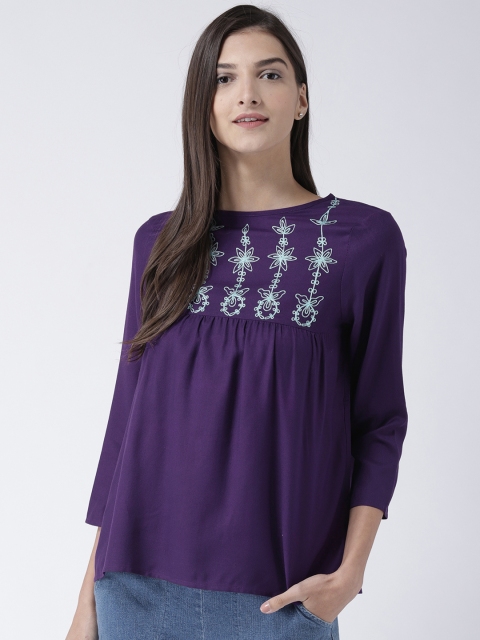 

The Vanca Women Purple Embroidered A-Line Top