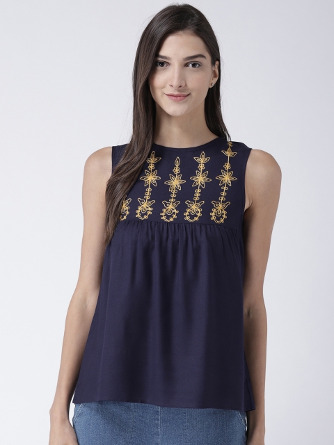 

The Vanca Women Navy Blue Embroidered A-Line Top