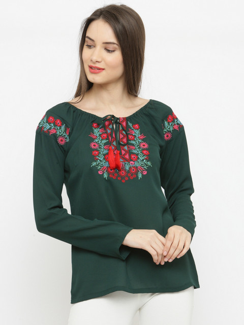 

plusS Women Green Embroidered Top