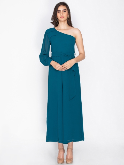 

sassystripes Teal Blue Solid One Shoulder Basic Jumpsuit