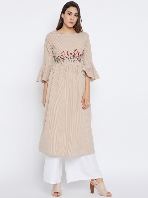 

Bitterlime Women Brown & White Striped Embroidered A-Line Kurta
