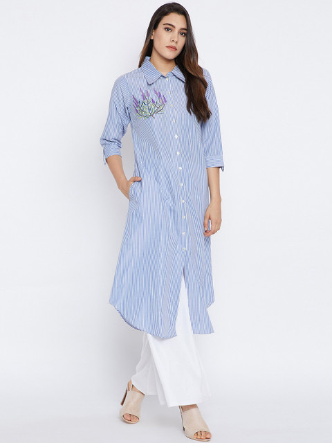 

Bitterlime Women Blue Striped Embroidered A-Line Kurta