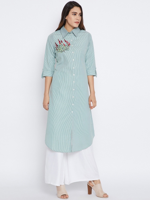 

Bitterlime Women Green Striped Embroidered A-Line Kurta