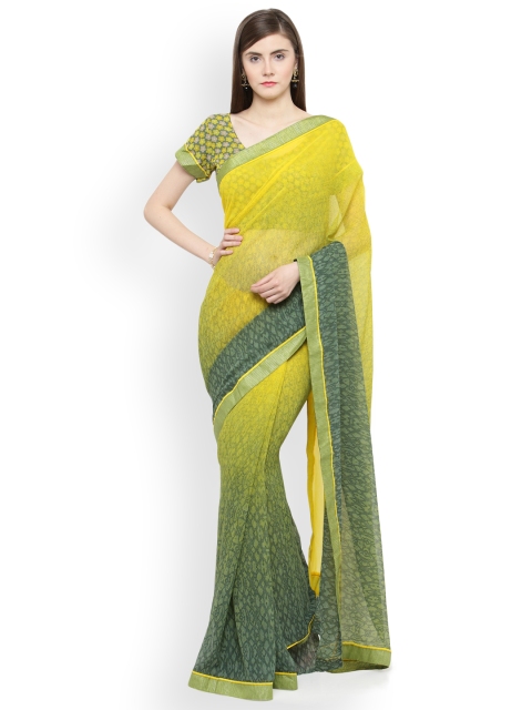 

Shaily Yellow & Green Printed Pure Georgette Saree