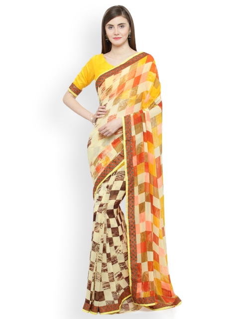 

Shaily Cream-Coloured & Yellow Checked Pure Georgette Saree