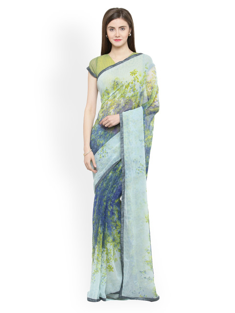 

Shaily Blue & Green Pure Georgette Printed Saree