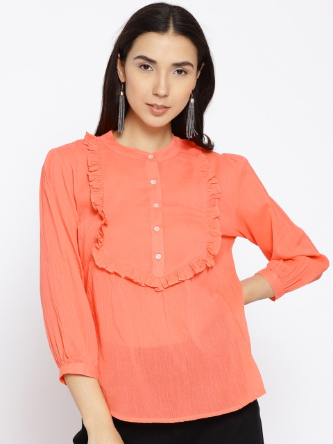 

Vaak Women Coral Orange Solid Shirt Style Top