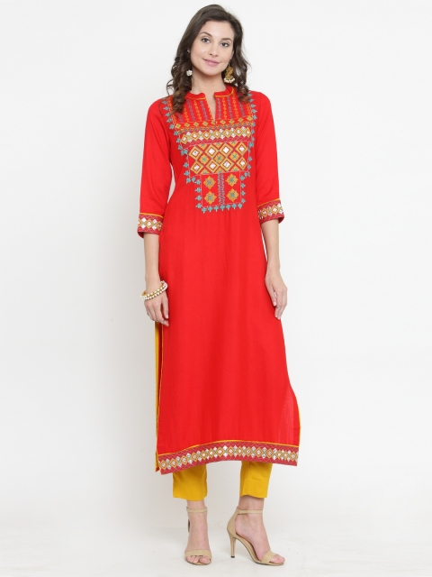 

Varanga Women Red & Yellow Embroidered Kurta with Trousers