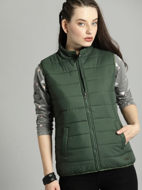 

Roadster Women Olive Green Solid Lightweight Padded Jacket