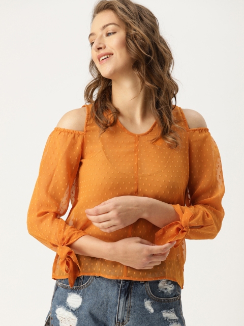 

DressBerry Women Orange Self Design Semi Sheer Top