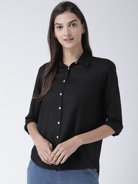 

MsFQ Women Black Regular Fit Solid Casual Shirt