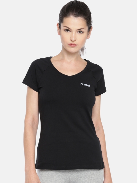 

hummel Women Black Solid V-Neck T-shirt