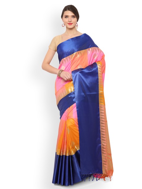 

Varkala Silk Sarees Orange & Pink Silk Blend Colourblocked Kanjeevaram Saree
