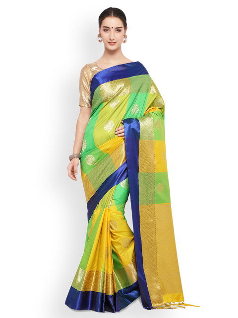 

Varkala Silk Sarees Green & Yellow Silk Blend Colourblocked Kanjeevaram Saree