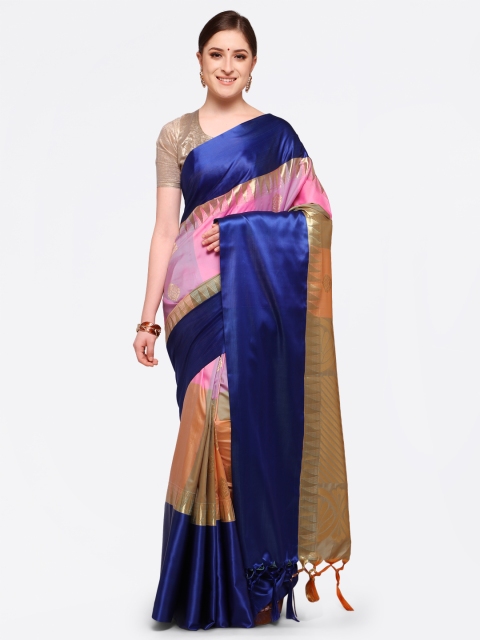 

Varkala Silk Sarees Pink & Orange Silk Blend Colourblocked Kanjeevaram Saree