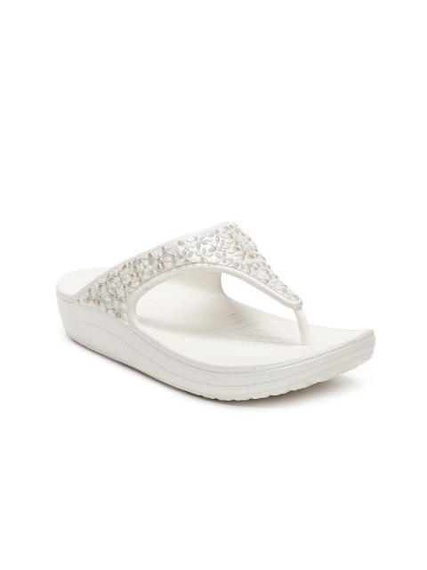 

Crocs Women White Solid Sloane Embellished T-Strap Flats