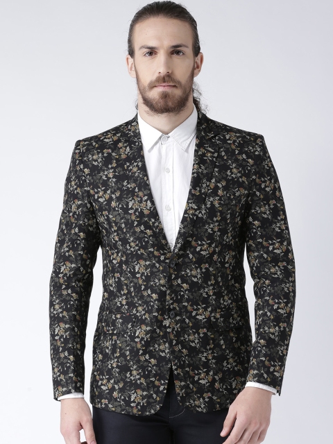 

DEYANN Men Black Slim Fit Floral Print Single-Breasted Blazer