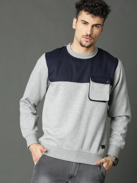 

Roadster Men Grey Melange & Navy Blue Colourblocked Sweatshirt