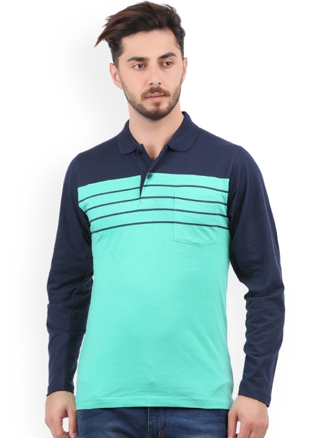 

WEXFORD Men Sea Green & Navy Blue Striped Polo Collar T-shirt