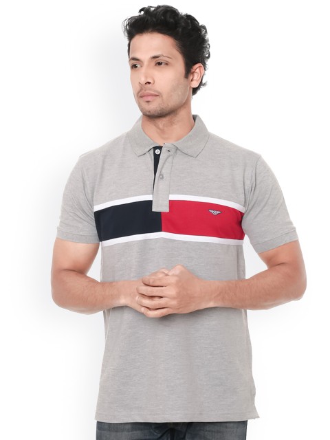 

WEXFORD Men Grey Red Colourblocked Polo Collar Pure Cotton T-shirt