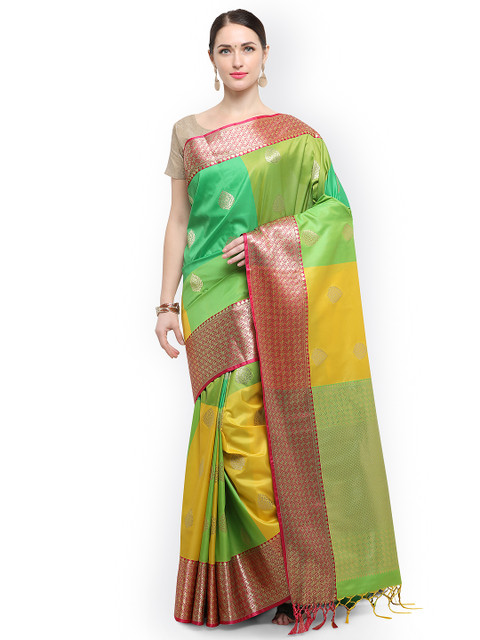 

Varkala Silk Sarees Green & Yellow Silk Blend Woven Design Kanjeevaram Saree