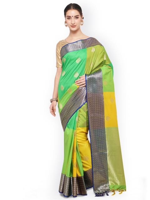 

Varkala Silk Sarees Green & Yellow Silk Blend Woven Design Kanjeevaram Saree