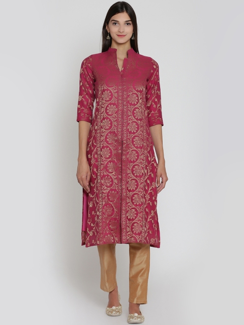 

Abhishti Women Pink Woven Design Chanderi Cotton Straight Kurta
