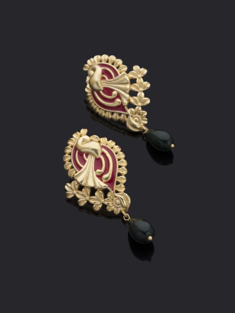 

Studio Voylla Gold-Toned & Red Peacock Shaped Drop Earrings