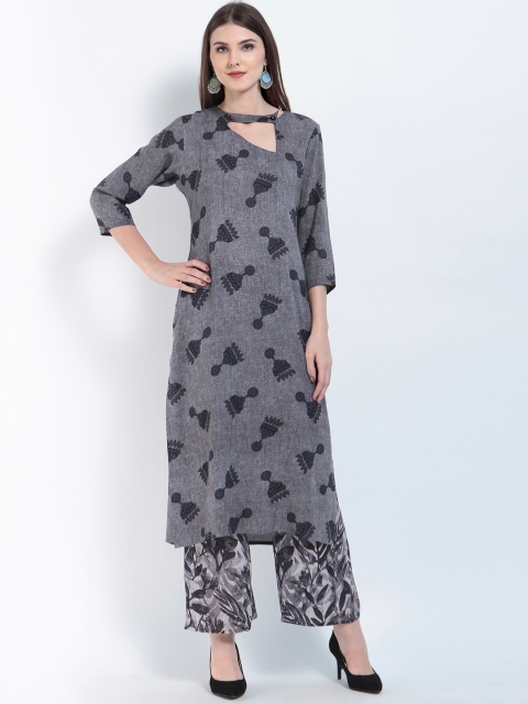 

Ives Women Grey & Black Printed Straight Kurta